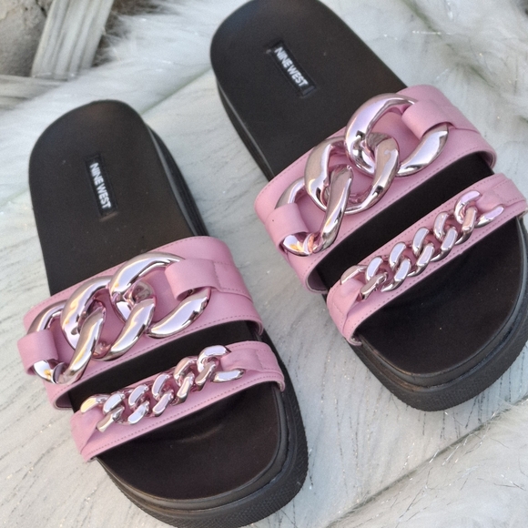 Nine West Platform Slides Chain Detail Pink Slip-On Flat Sandals   Women Size 10 - Picture 6 of 16